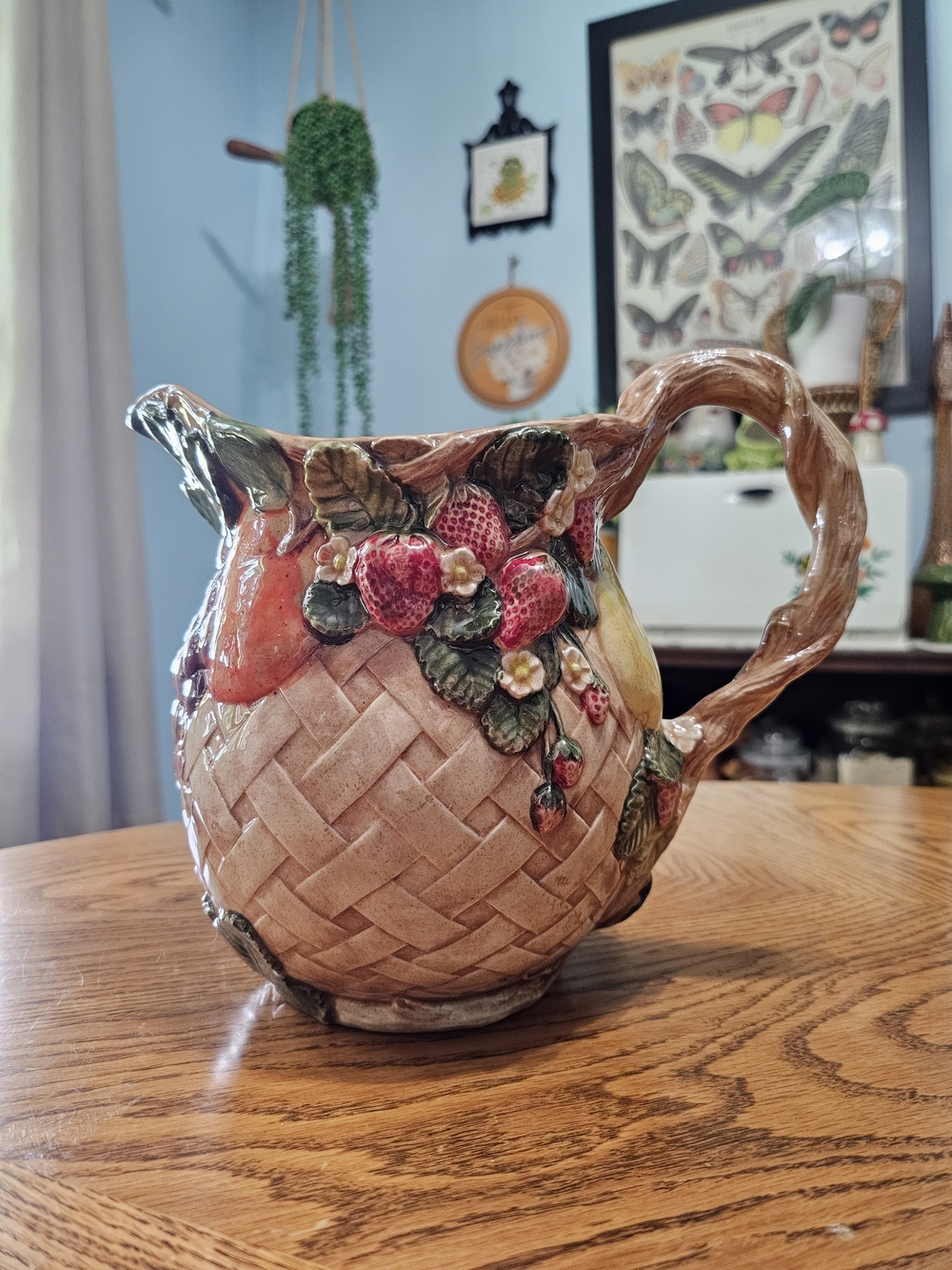 Vintage Hand Painted Ceramic Basket Weave Fruit Water Drink Pitcher Cottagecore
